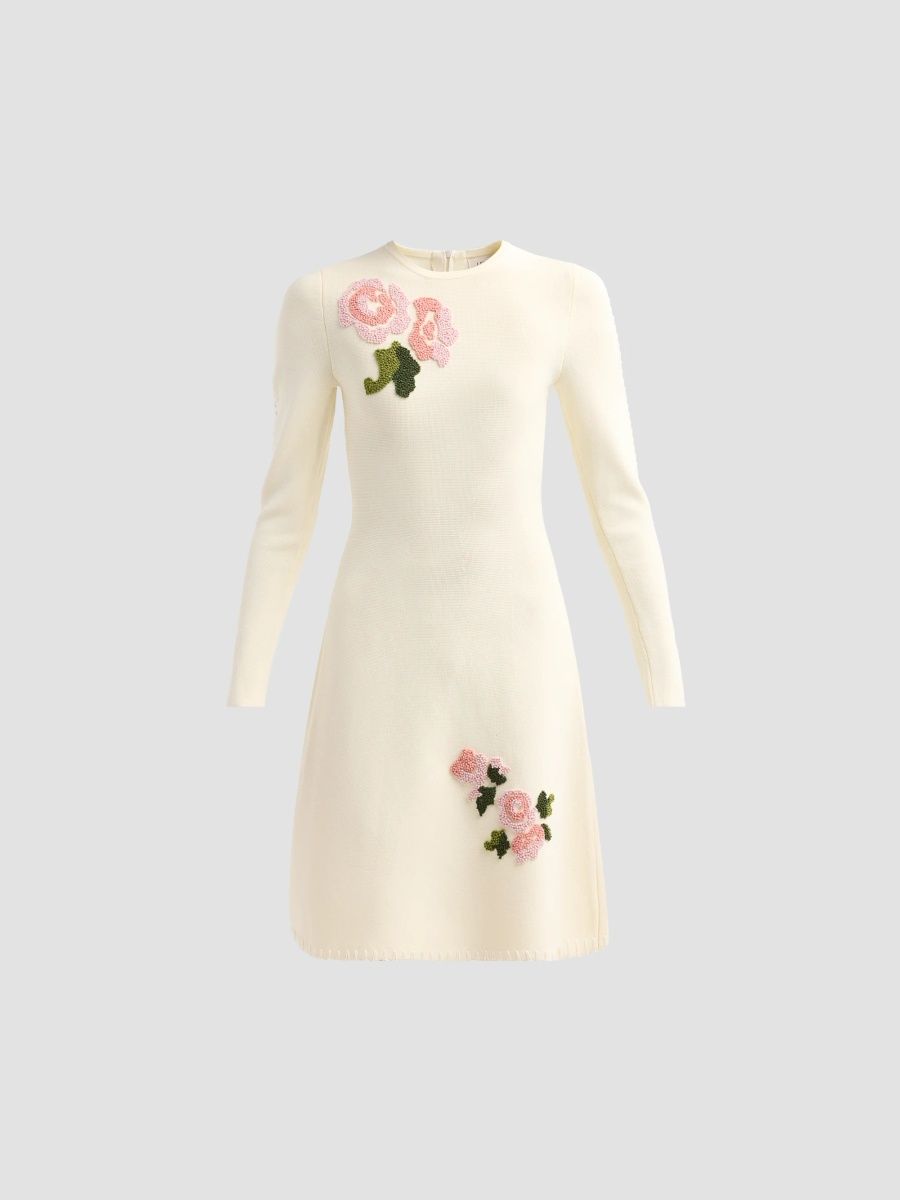 Lela Rose Women's Floral-Embroidered Knit Crewneck Knee-Length Dress - Cream - Size XL