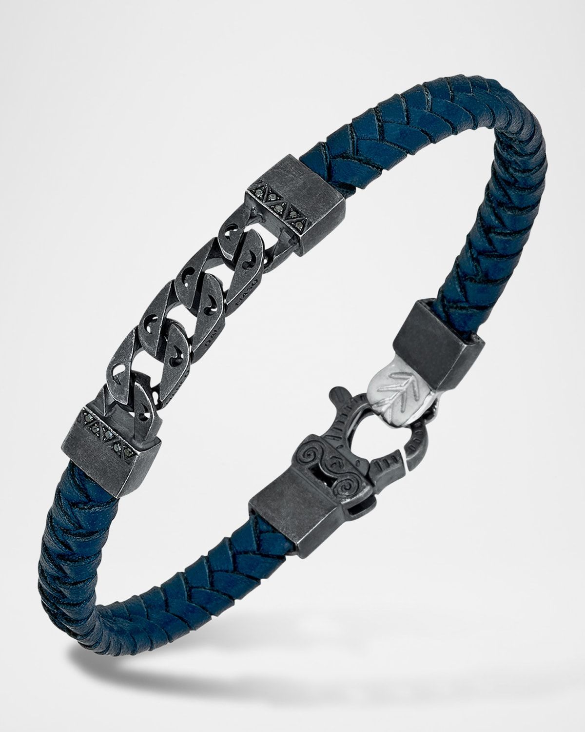 Men & apos;s Flaming Tongue Braided Leather and Silver Bracelet with Black Diamonds