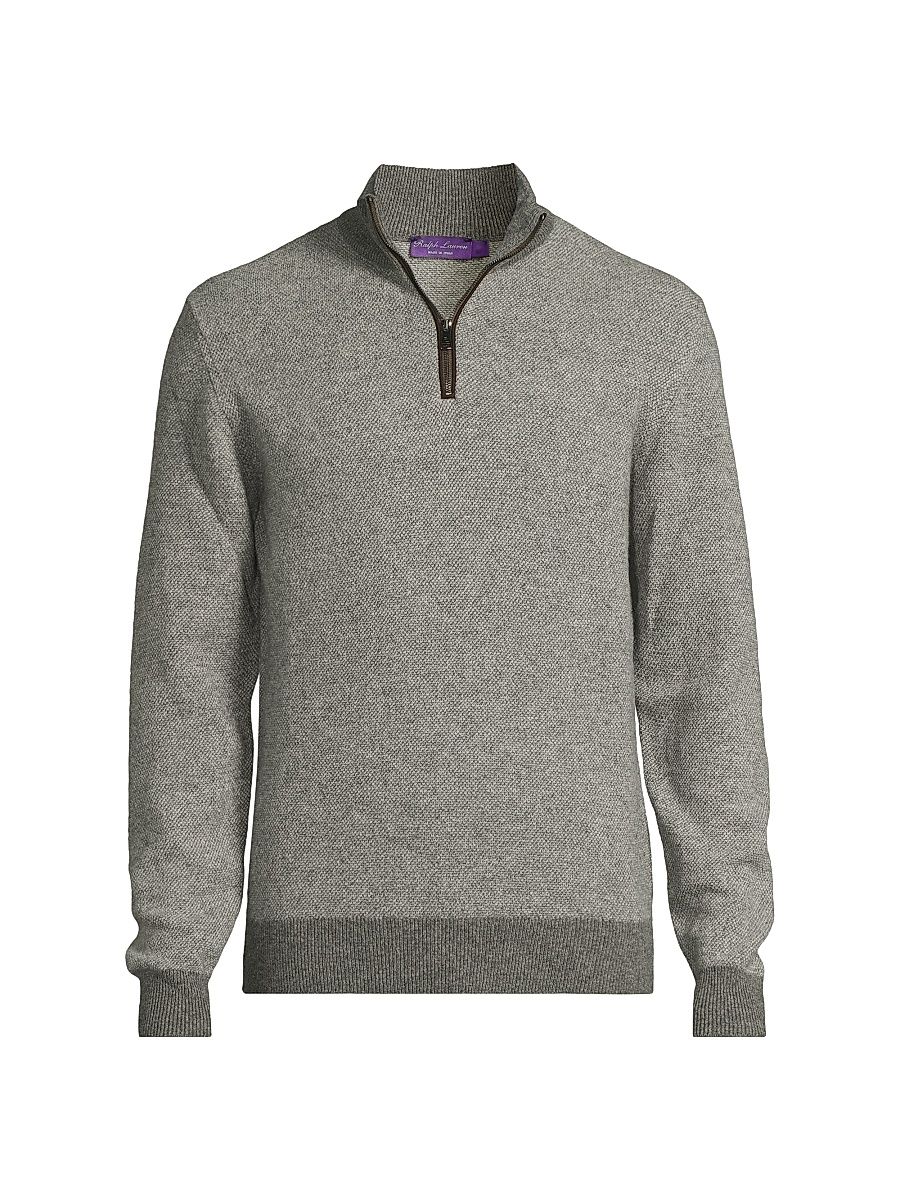 Men's Birdseye Cashmere Quarter-Zip Sweater - Medium Grey Multi - Size Medium
