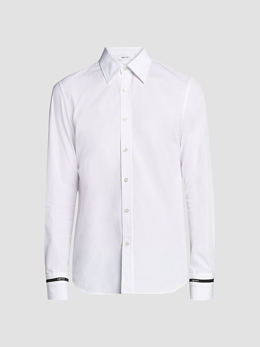 Men's Logo-Tape Contrast-Cuff Cotton Shirt - Optical White - Size 38