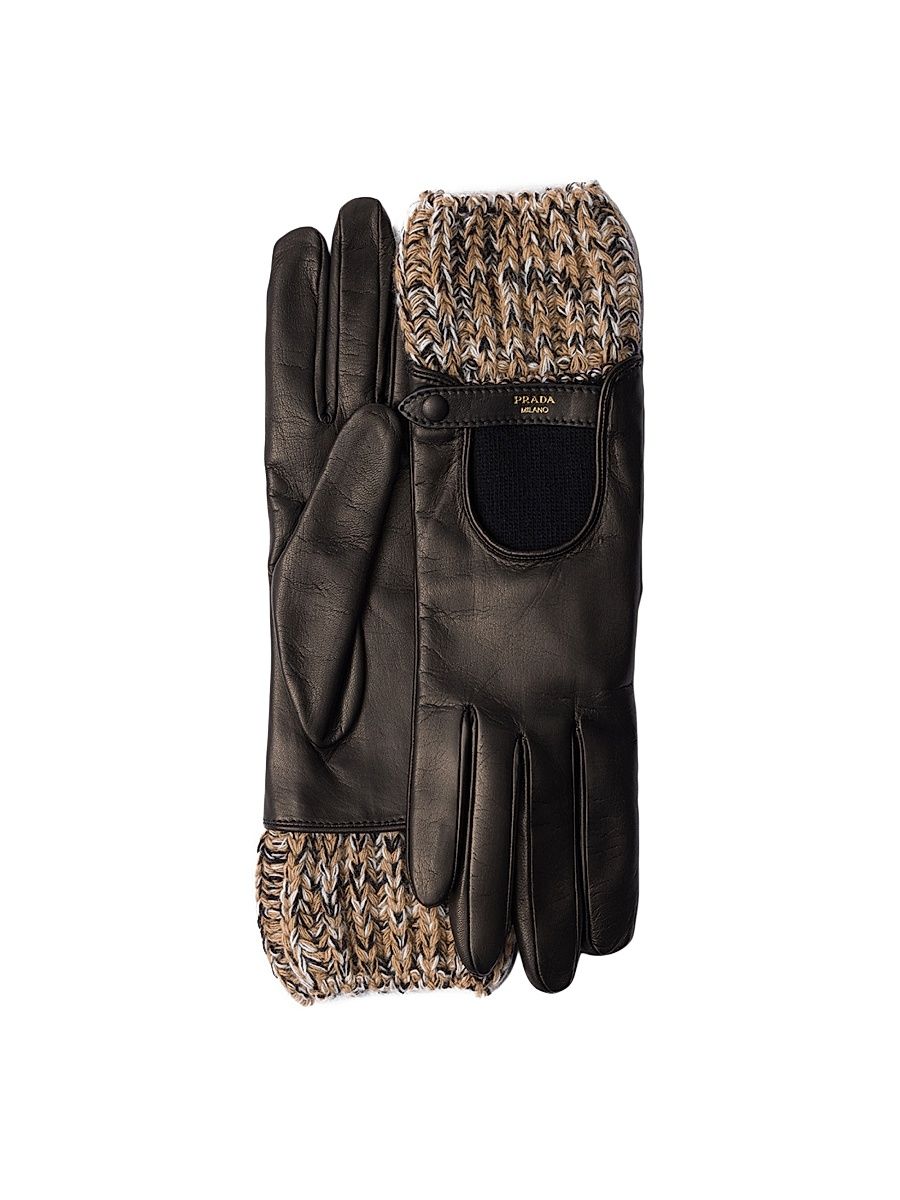 Women's Nappa Leather and Mélange Knit Gloves - Brown - Size 8
