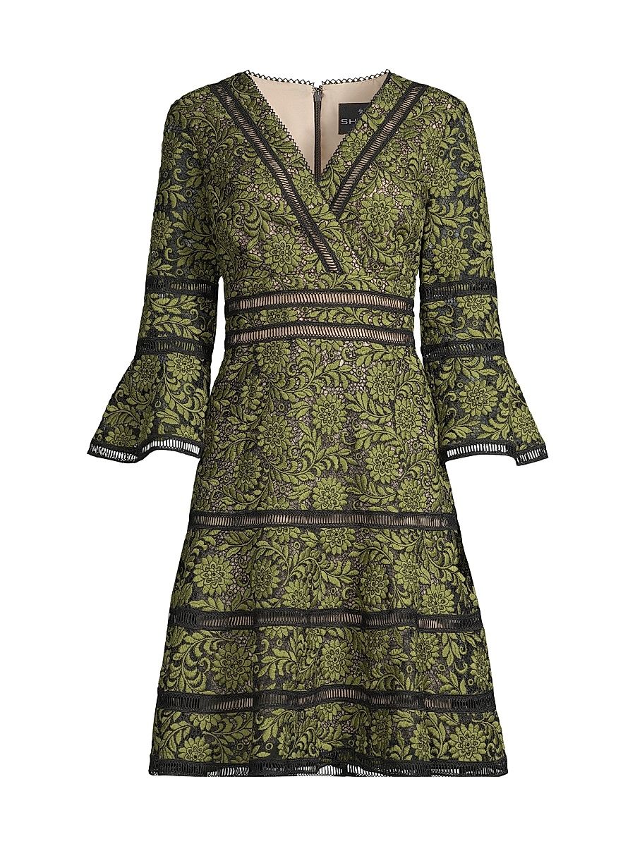 Women's Floral Jacquard Lattice Trim Fit & Flare Midi-Dress - Black Green - Size 12