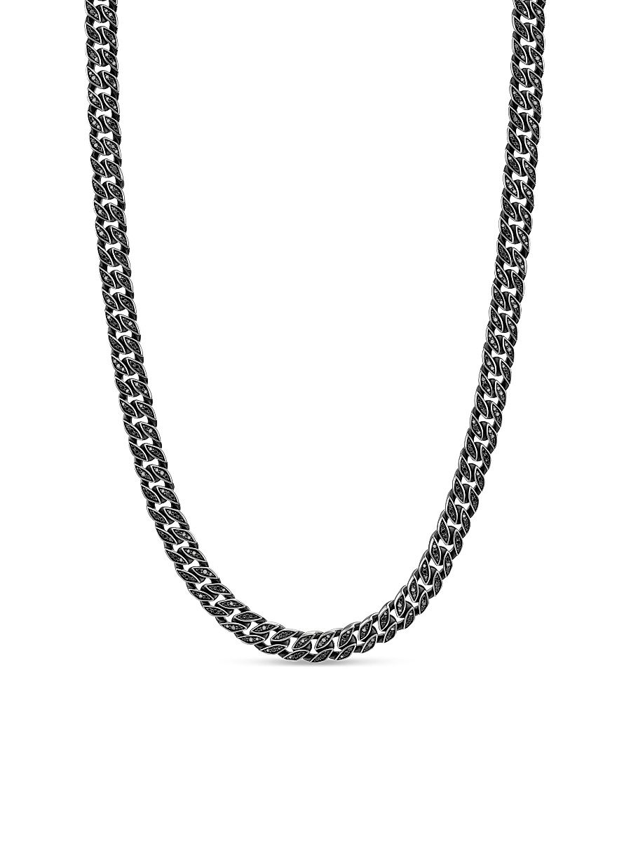 Men's Curb Chain Necklace in Sterling Silver - Black Diamond - Size 26