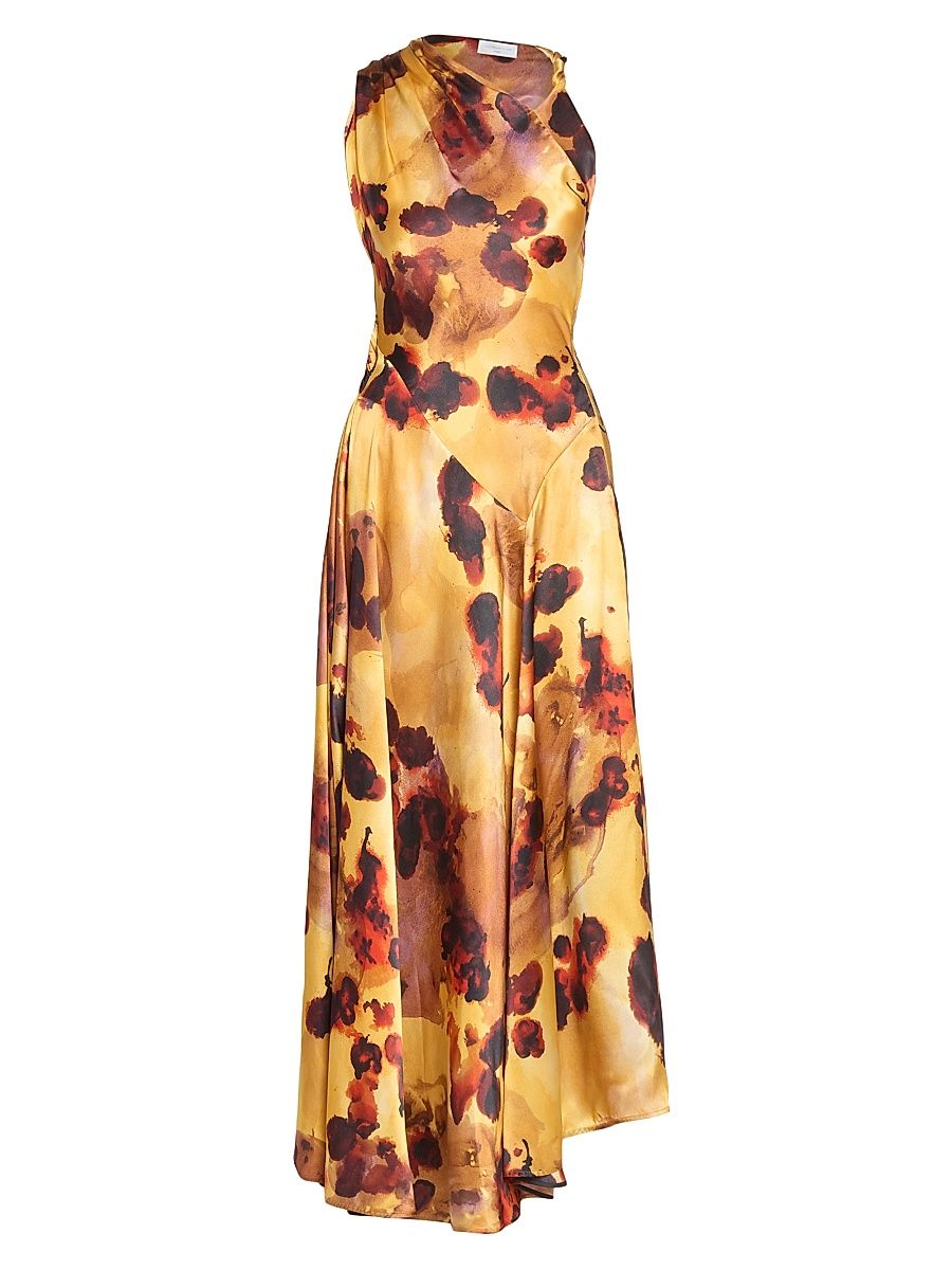 Women's Floral Satin Asymmetric Sleeveless Maxi Dress - Amber - Size 2