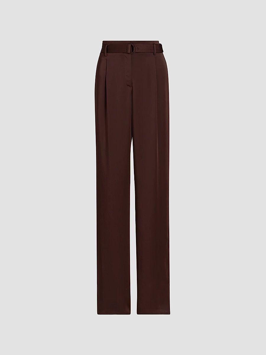 Women's Lightweight Satin High-Rise Belted Pants - Chocolate - Size 8