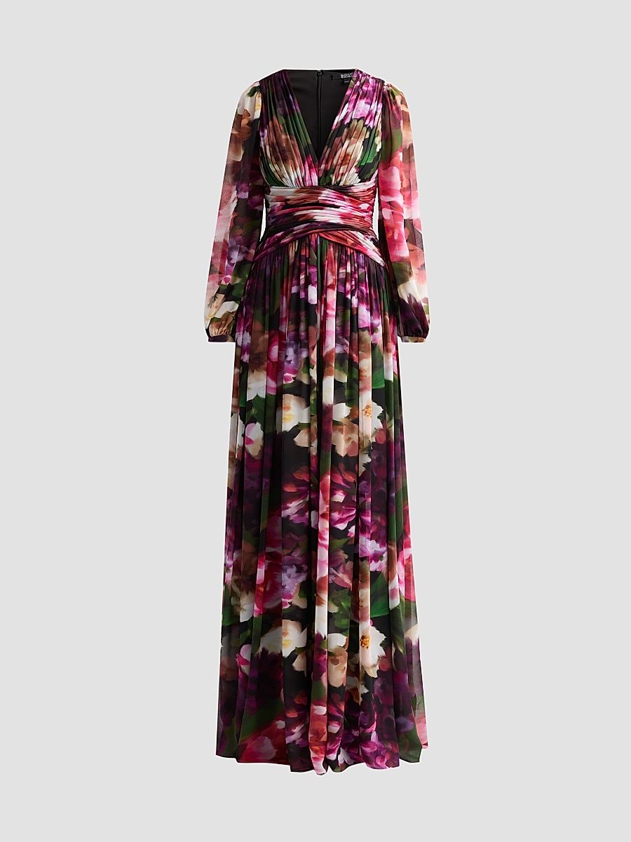 Women's Floral Pleated Georgette A-Line Gown - Fuchsia Multi - Size 16