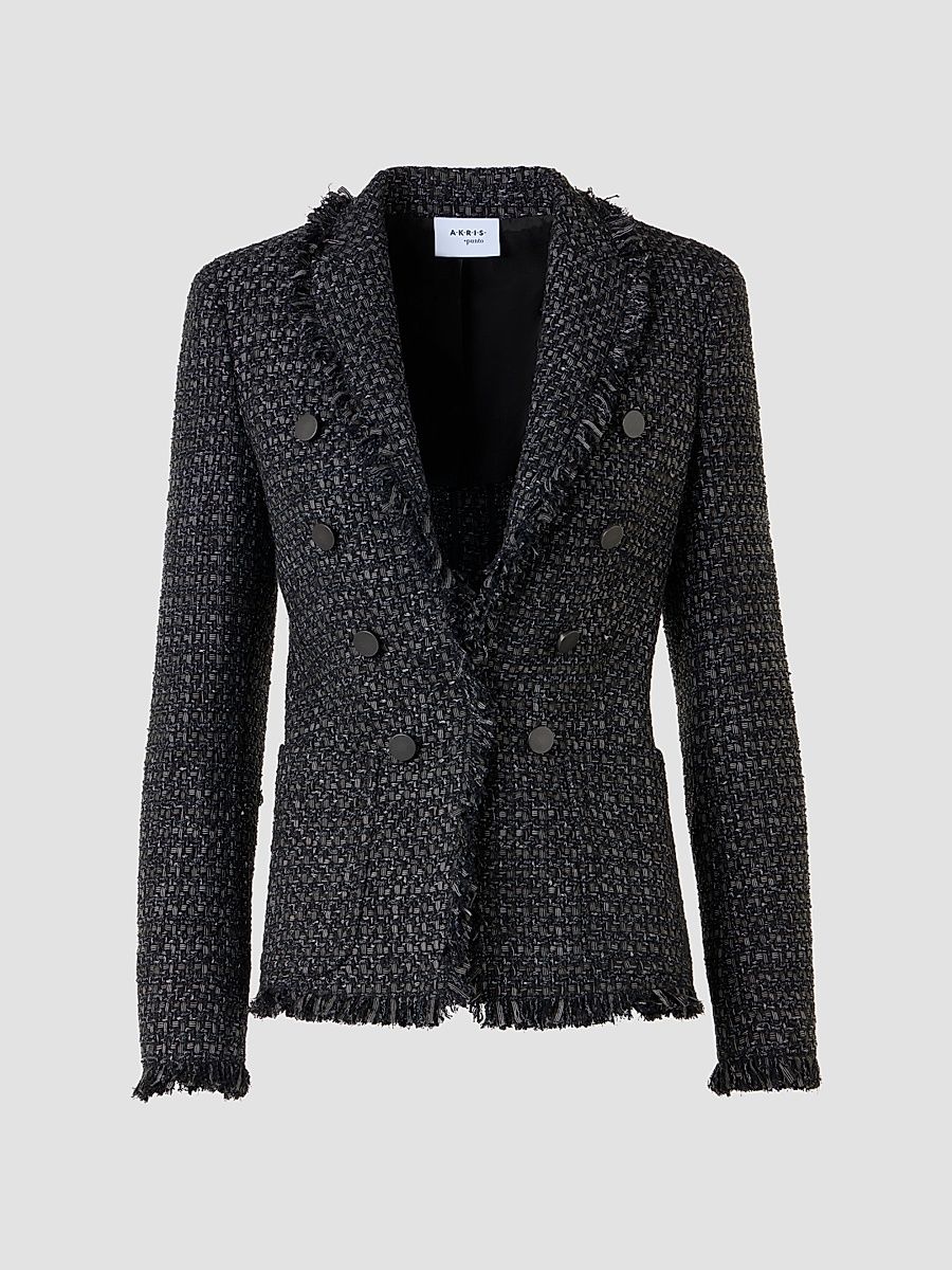 Women's Tweed Double-Breasted Blazer - Black Cream - Size 16