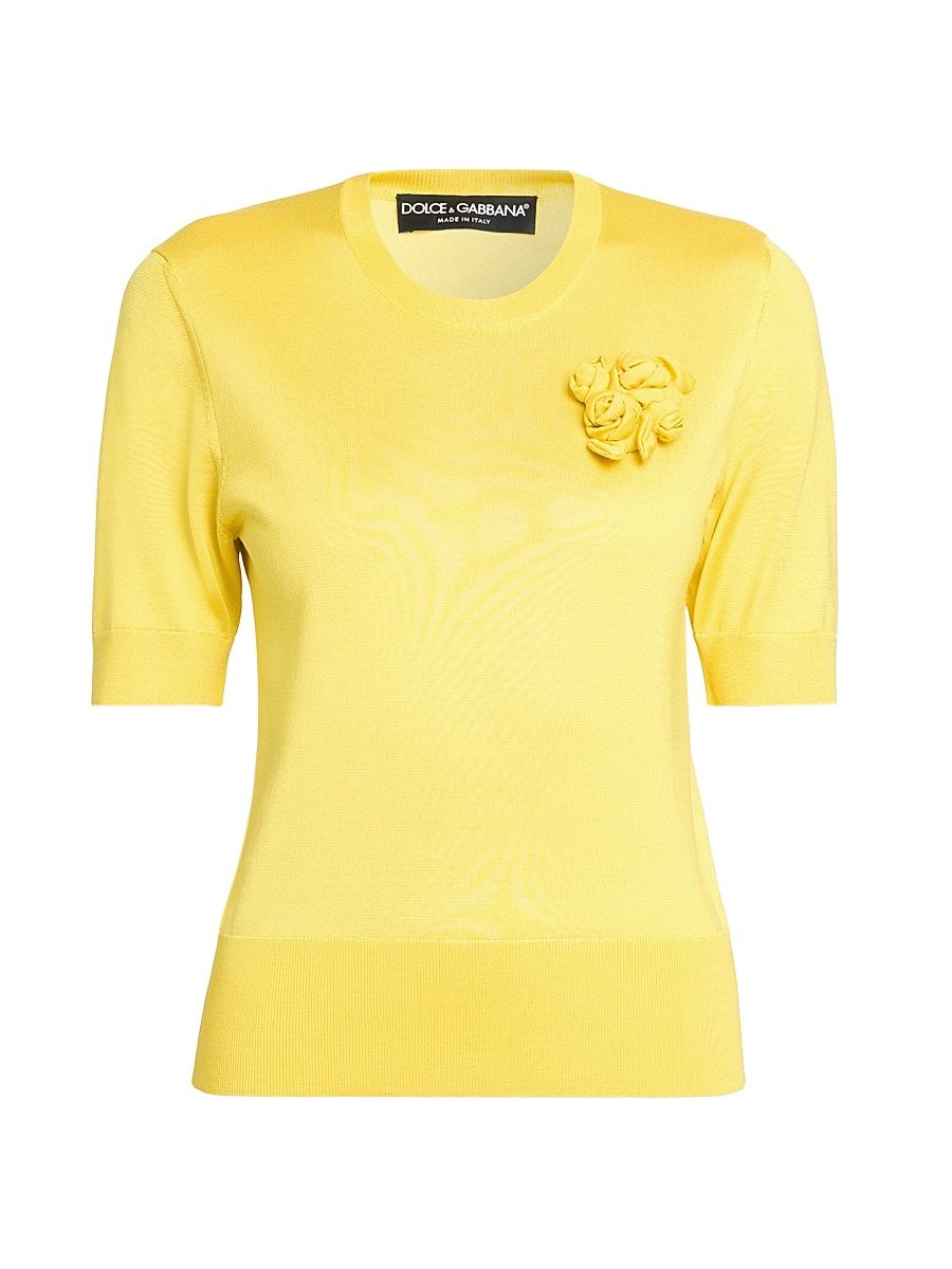 Women's Floral-Appliquéd Silk Short-Sleeve Sweater - Giallo Limone - Size 4