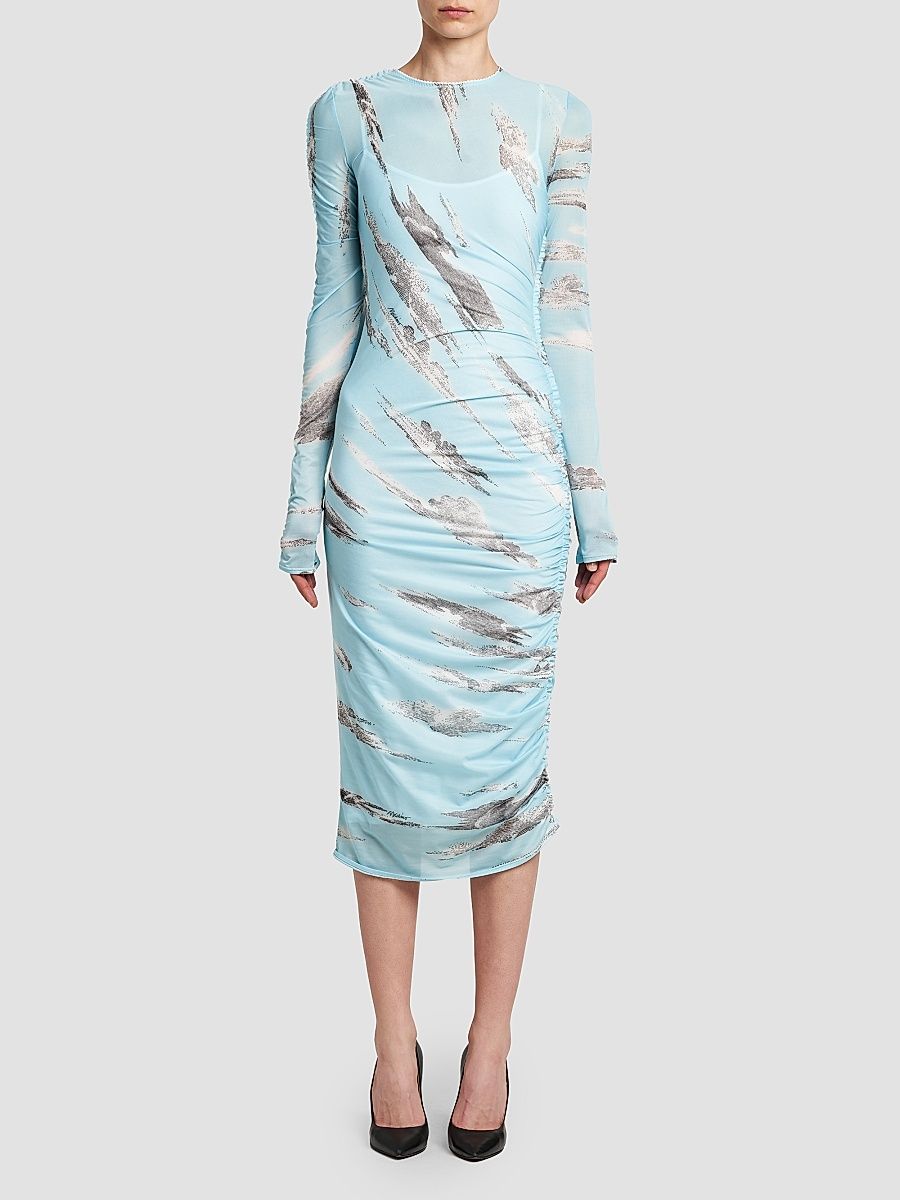Women's Ruched Abstract Stretch-Tulle Midi Dress - Multi Light Blue - Size 2