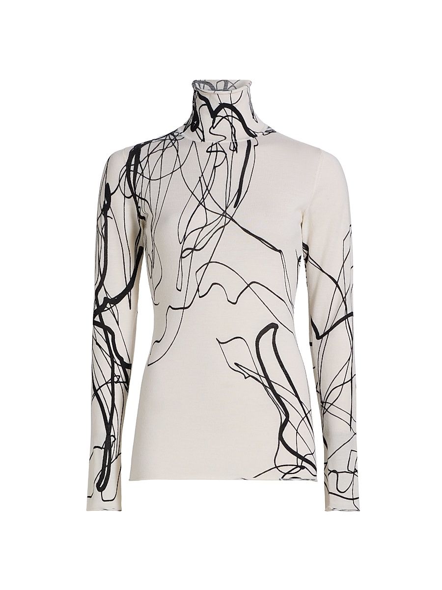 Women's Scribble Floral Wool Turtleneck Sweater - White Black Multi - Size XL