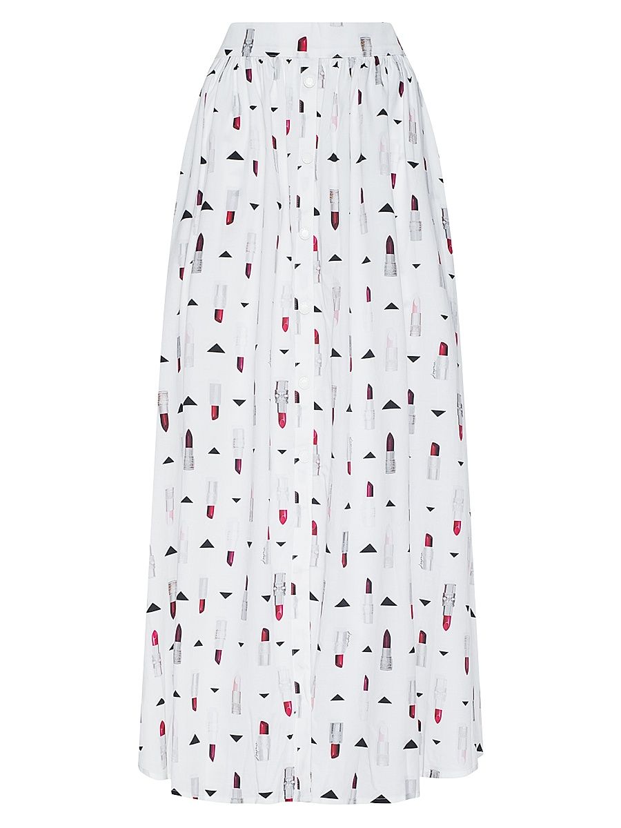 Women's Seina Lipstick Print Button-Front Midi-Skirt - Ivory Multi Lipstick - Size 14