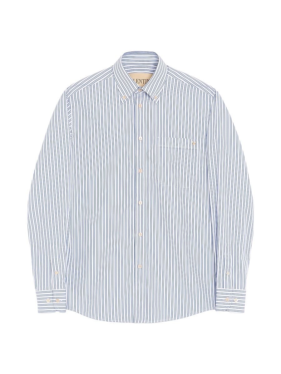 Men's Cotton Poplin Shirt with VGold Stripes - Ivory Blue - Size 15.75