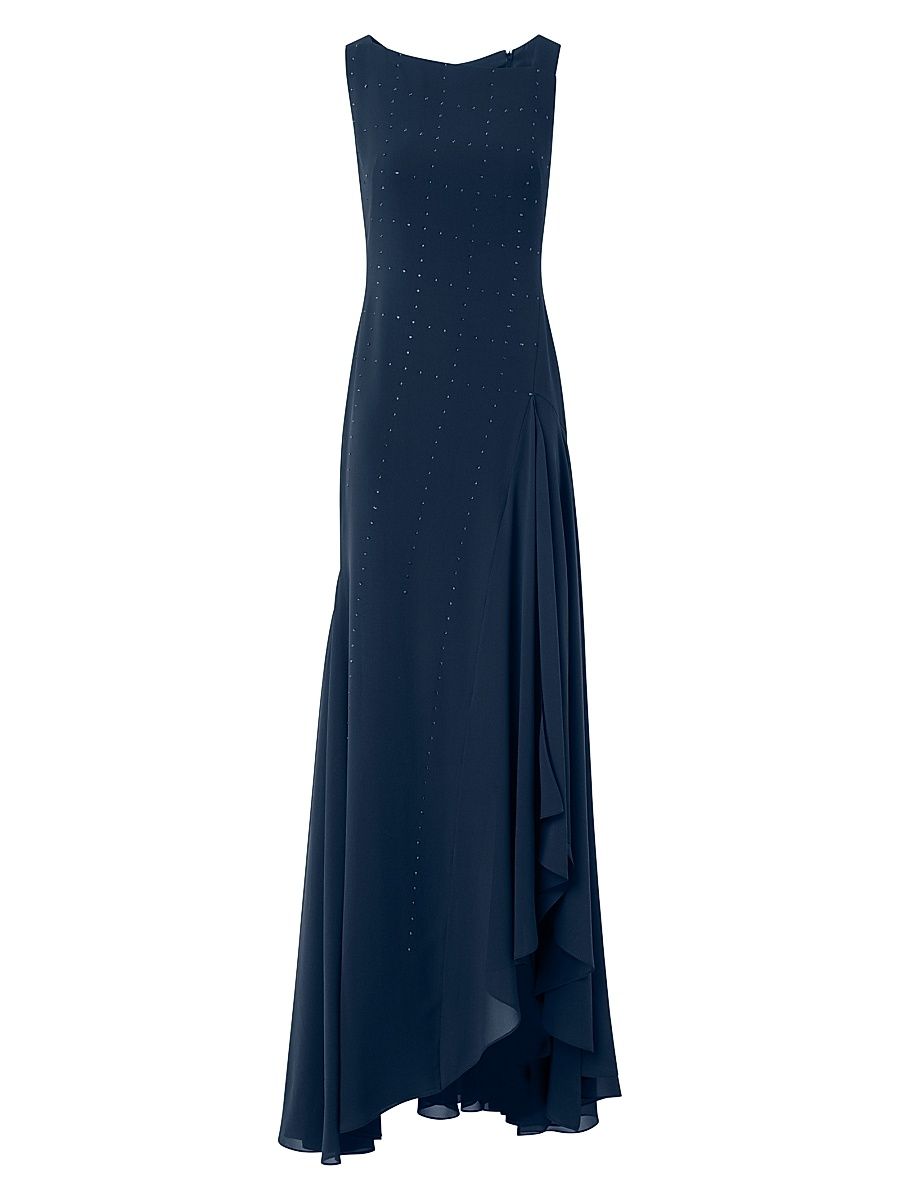 Women's Crystal-Embellished Silk Gown - Navy - Size 8