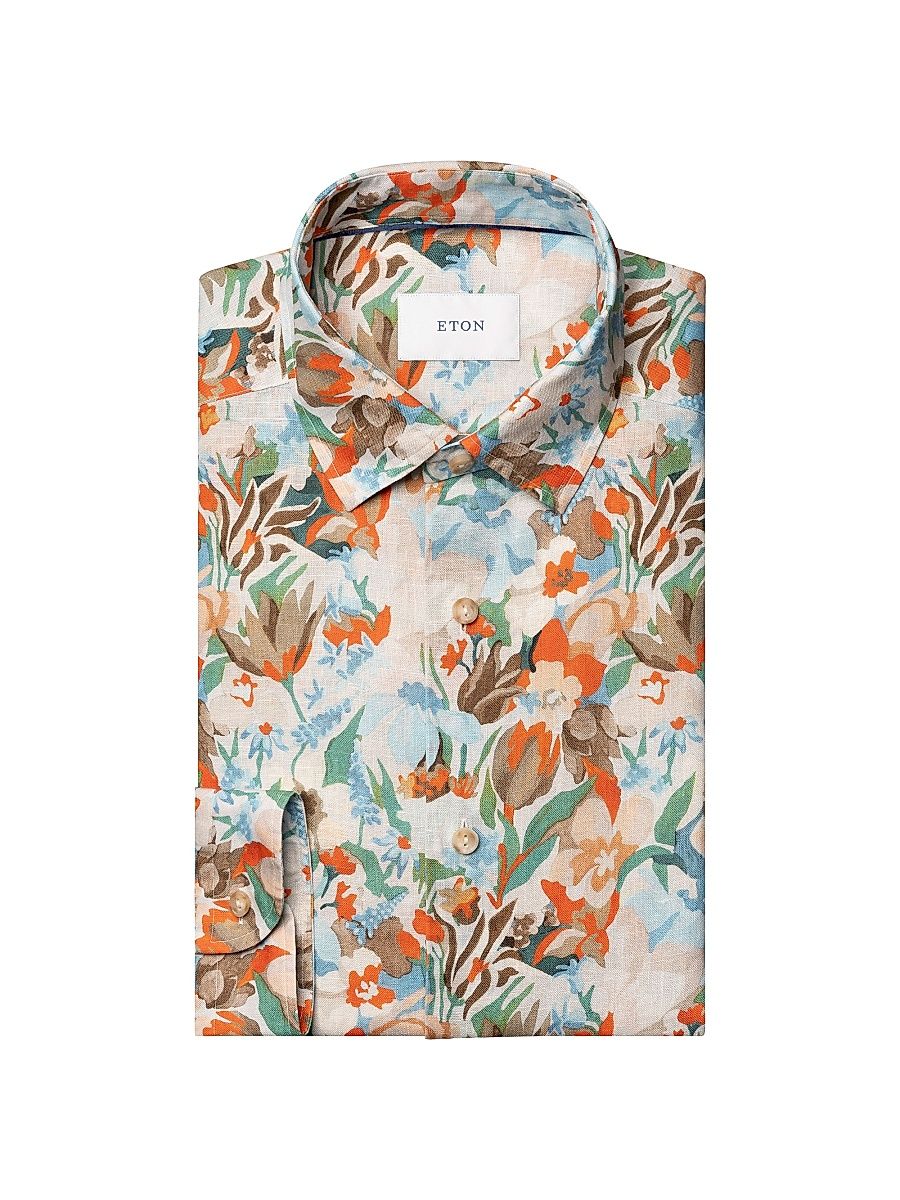 Men's Floral Linen Print Shirt - Orange - Size XXL