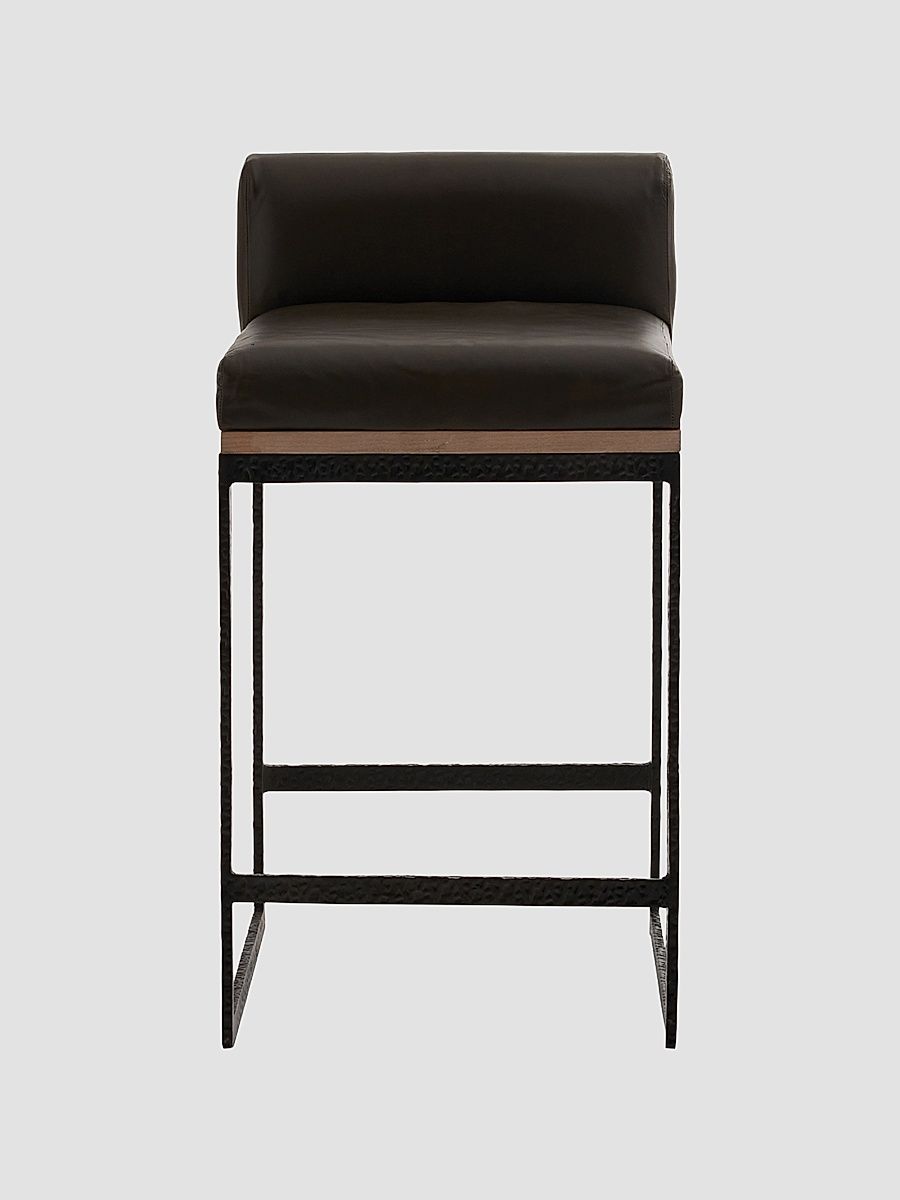 Marmont Leather & Hammered Iron Modern Counter Stool - Gray