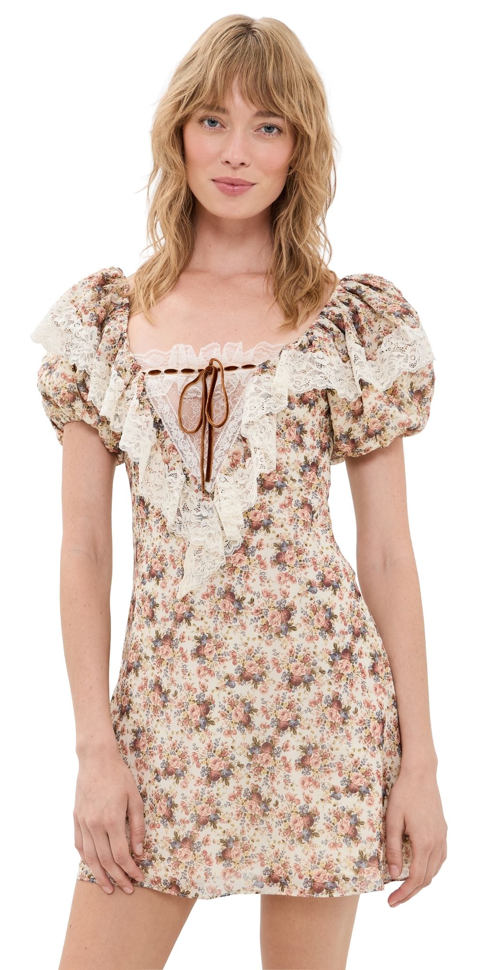 For Love & Lemons Betsy Floral Mini Dress Cream Brown S