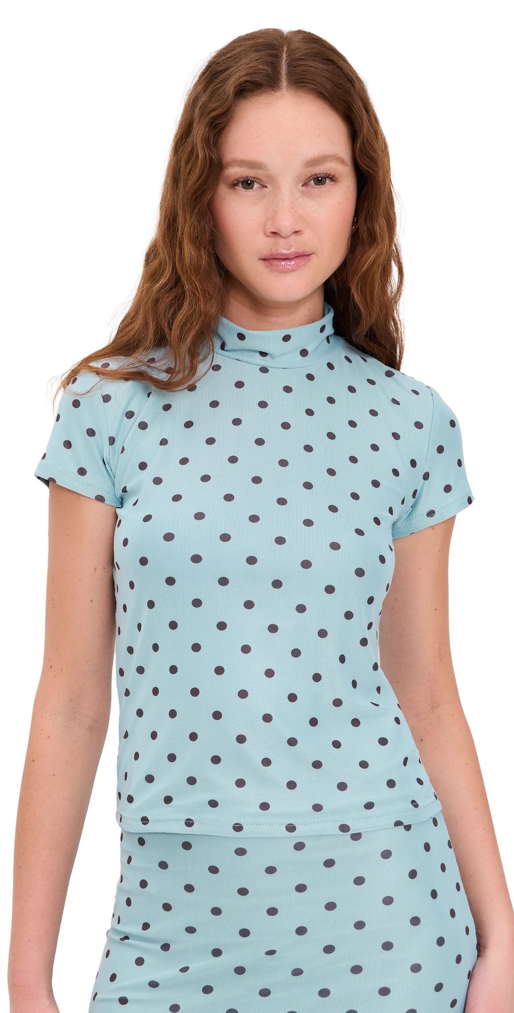 Another Girl Polka Dot Mesh High Neck Top Blue/Brown XS