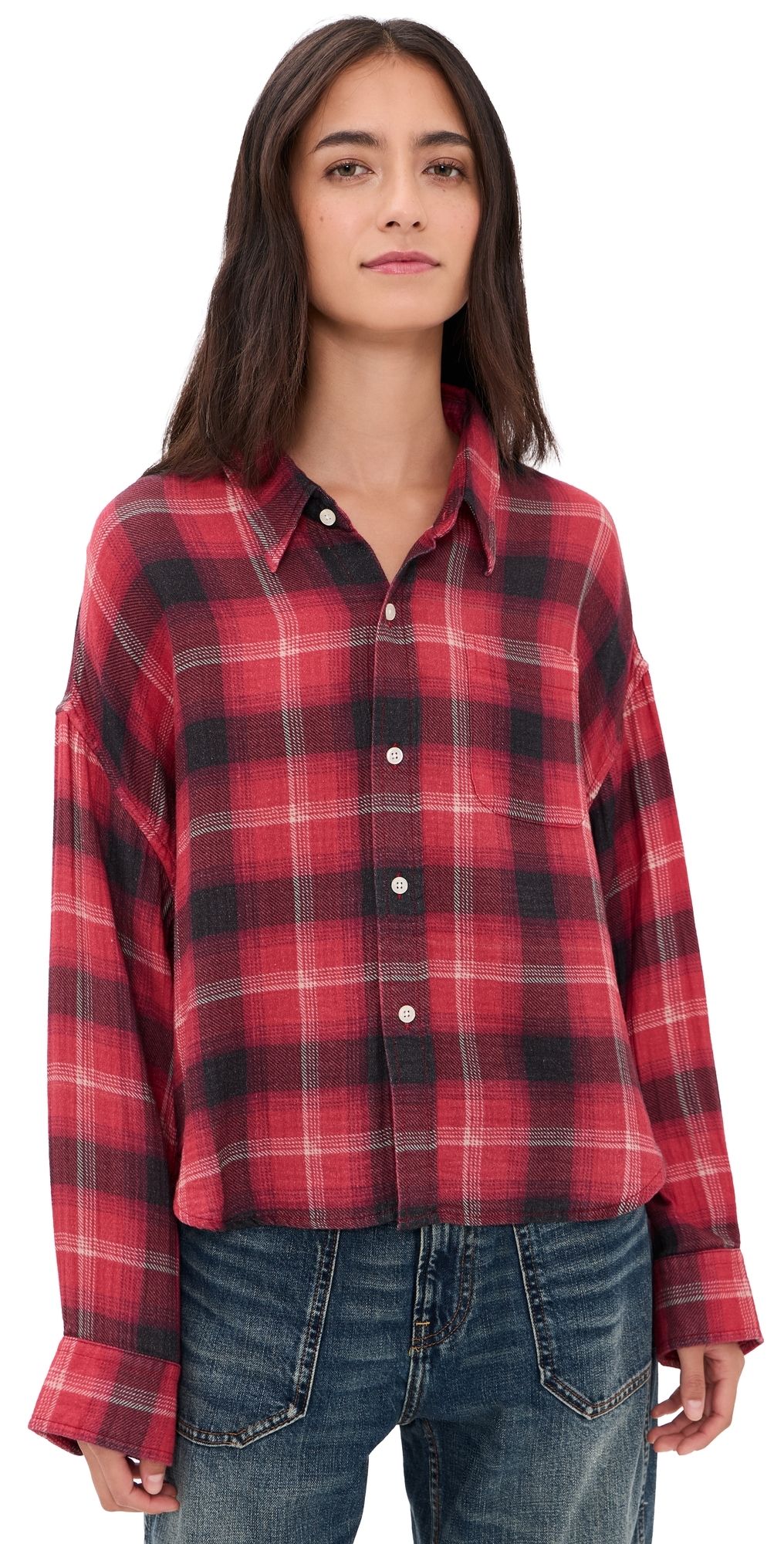 Denimist Bailey Cropped Button Down Shirt Red Black Plaid XS