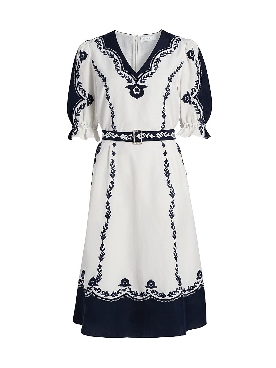 Women's The Liana Embroidered Dress - Sky White With Navy - Size 8