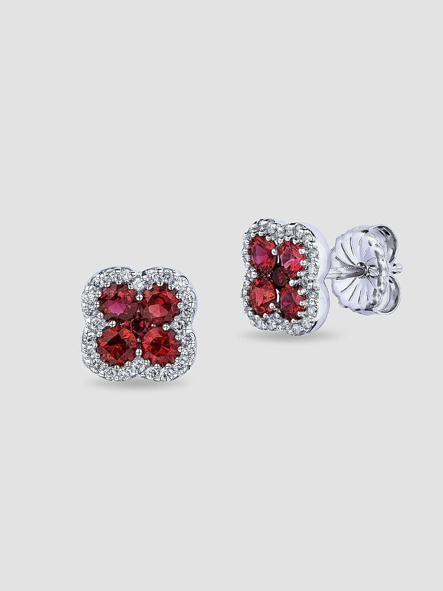 Women's 18K White Gold, Ruby & 0.24 TCW Diamond Clover Stud Earrings - White Gold