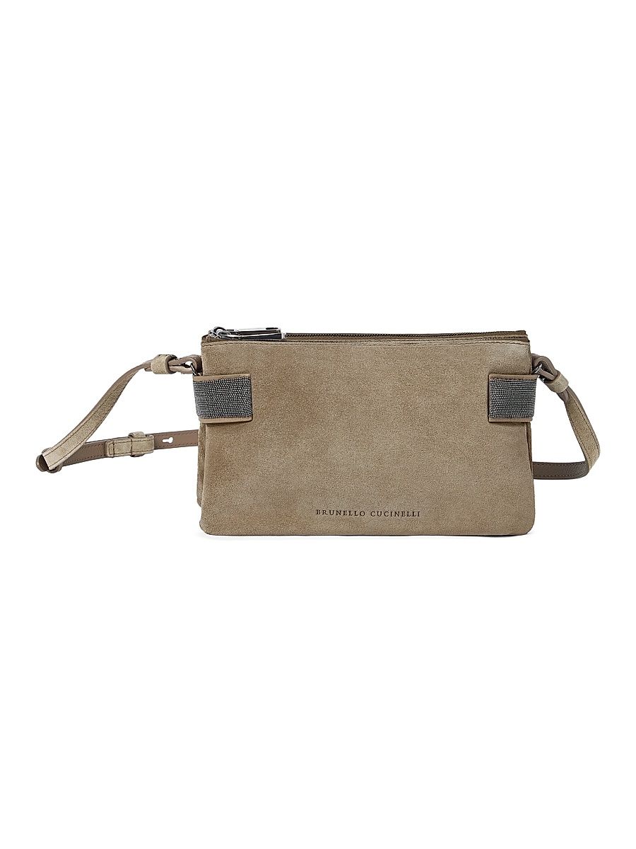 Women's Essence Mini Shoulder Bag in Suede with Precious Bands - Light Brown