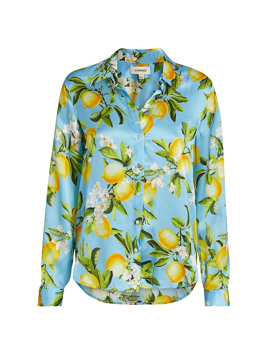 Women's Tyler Lemon Print Silk Shirt - Sky Blue Yellow Floral Lemon - Size Small