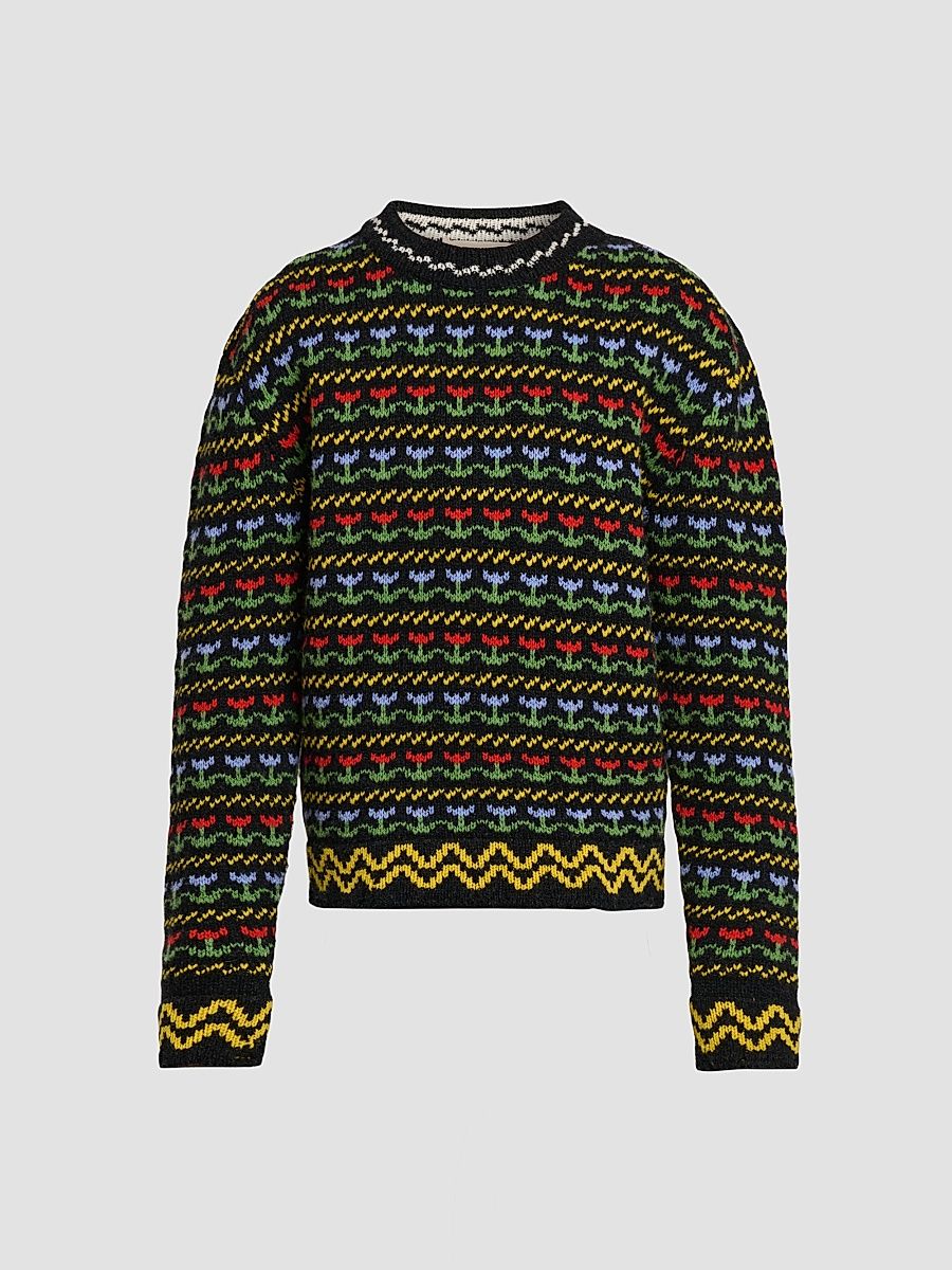 Marni Men's Floral Wool Knit Crewneck Sweater - Charcoal - Size 42