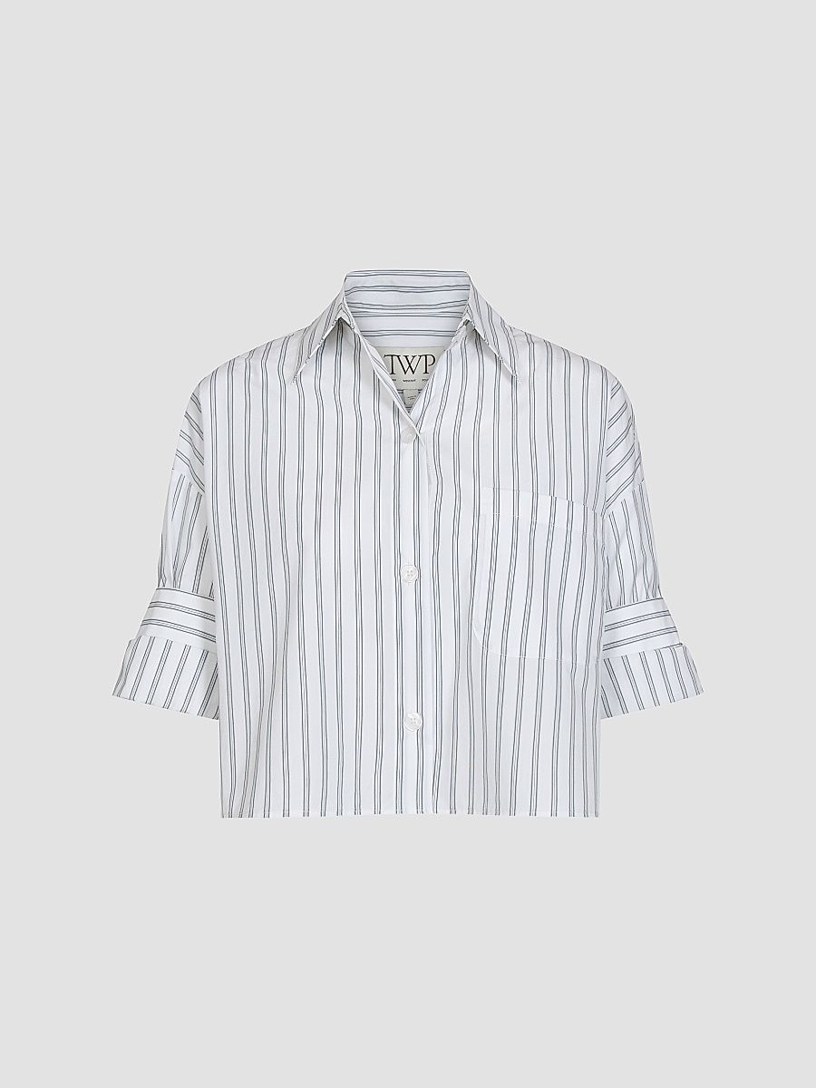 Women's Next Ex Striped Cotton Crop Shirt - White Green - Size Medium