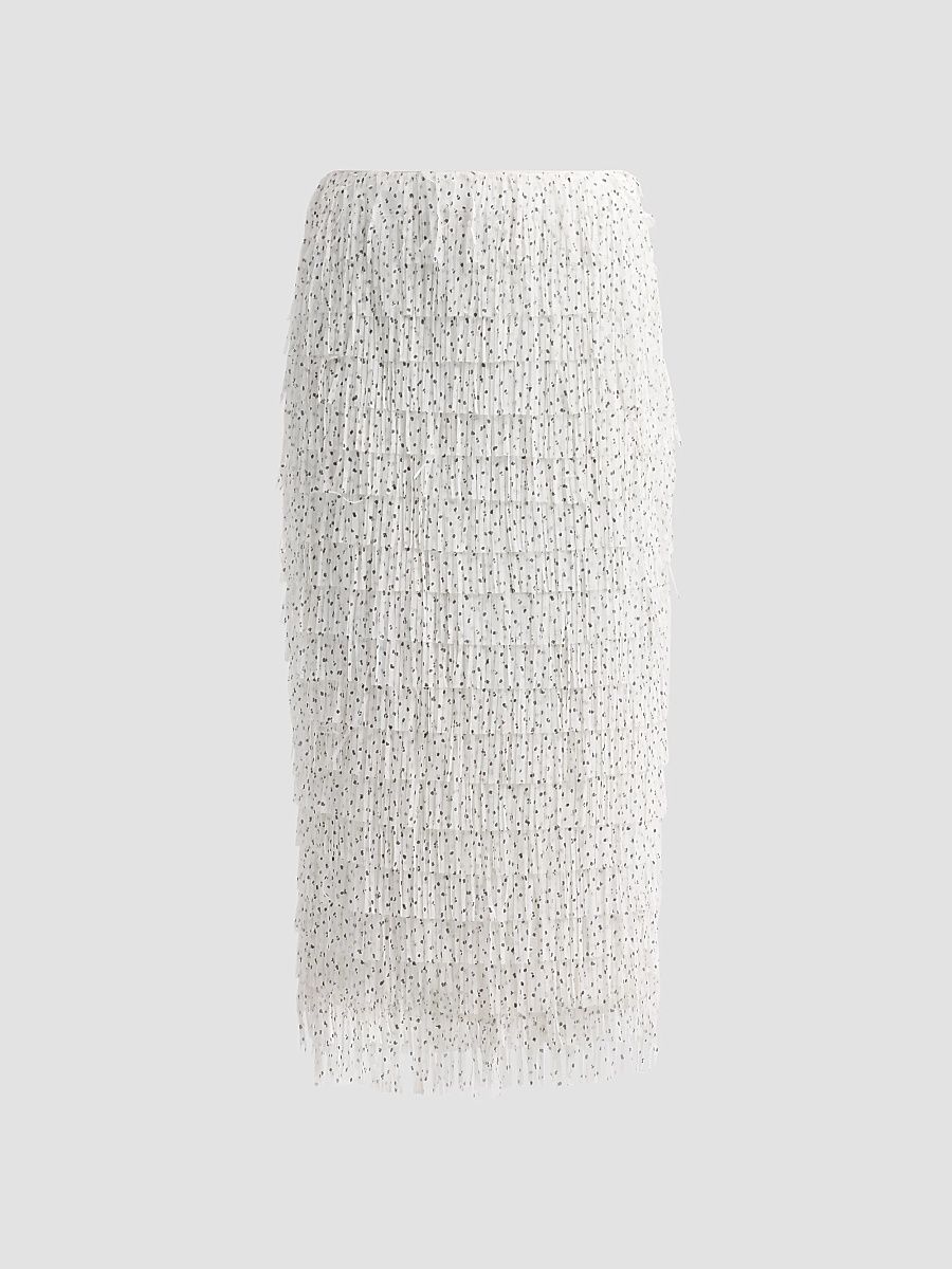 Women's Roxanne Polka Dot Fringe Midi Skirt - White Black - Size 12