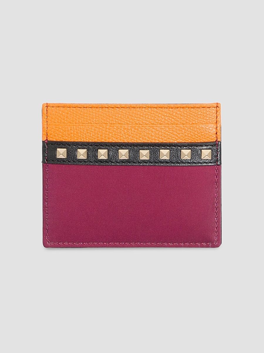 Men's Stud Up Cardholder in Nylon and Grainy Calfskin - Insolent Orange