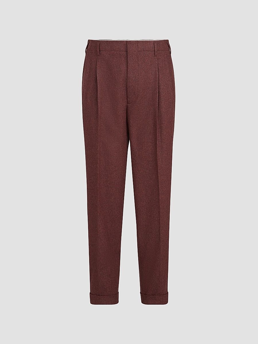 Men's Virgin Wool and Cashmere Flannel Trousers with Double Pleats - Lava - Size 48