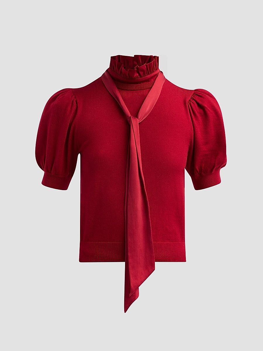 ALICE + OLIVIA Women's Chase Puff Sleeve Tie Sweater - Garnet - Size XL