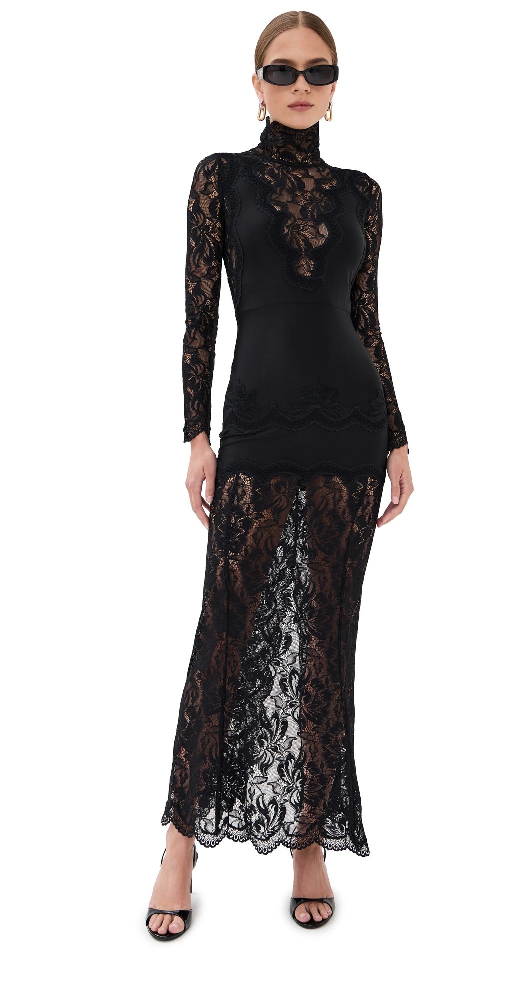 rabanne Long Dress in Lace and Jersey Black 36