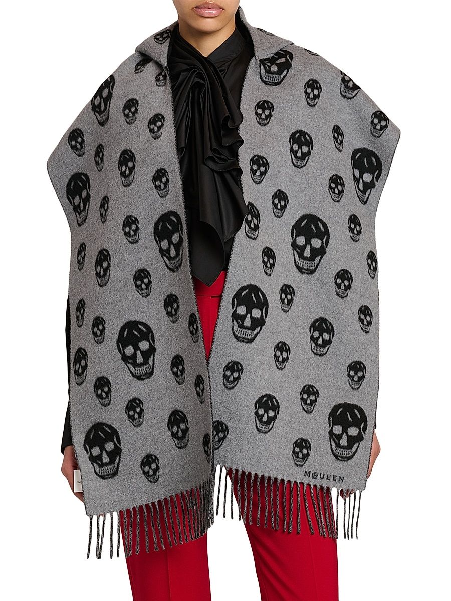 Women's Skull Wool-Cashmere Hooded Scarf - Graphite Black