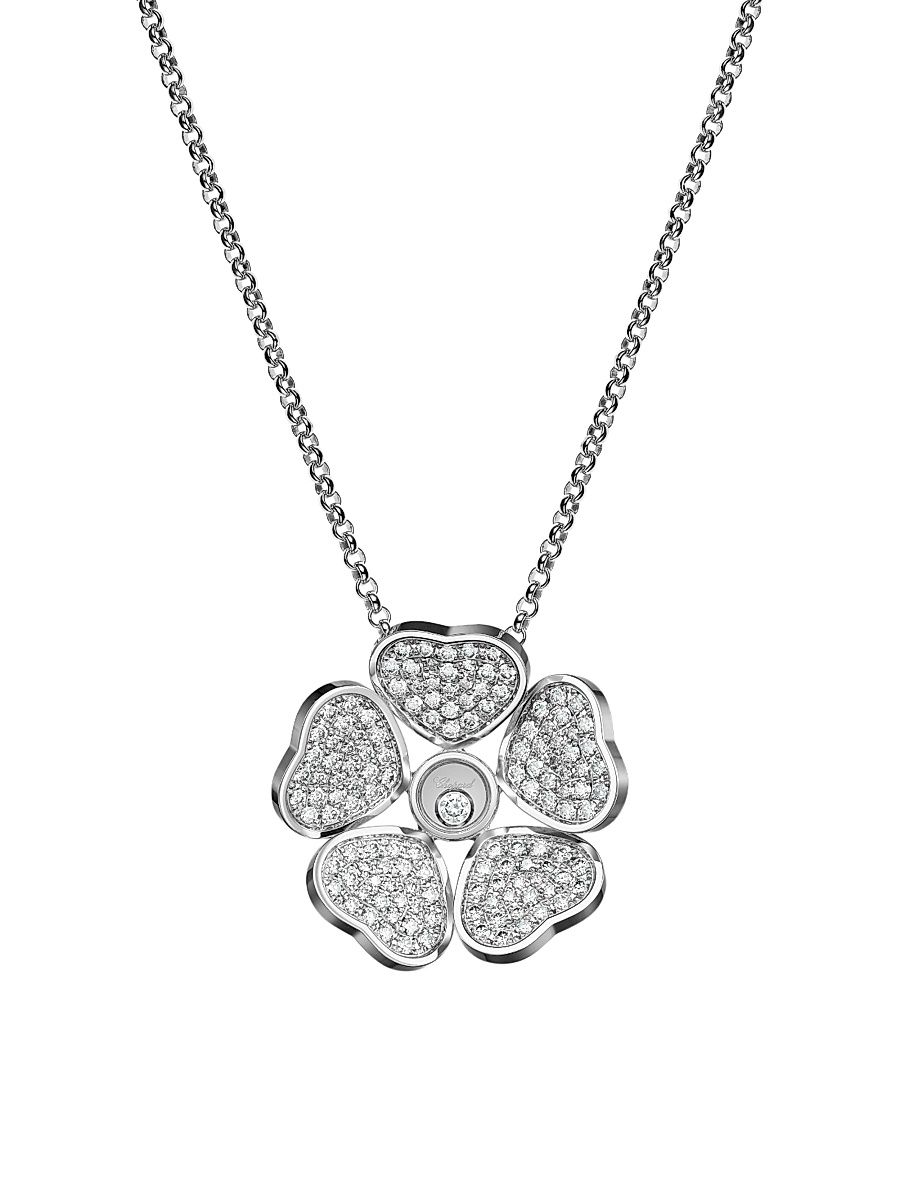 Women's Happy Hearts Flowers 18K White Gold & Diamond Pendant Necklace - White Gold