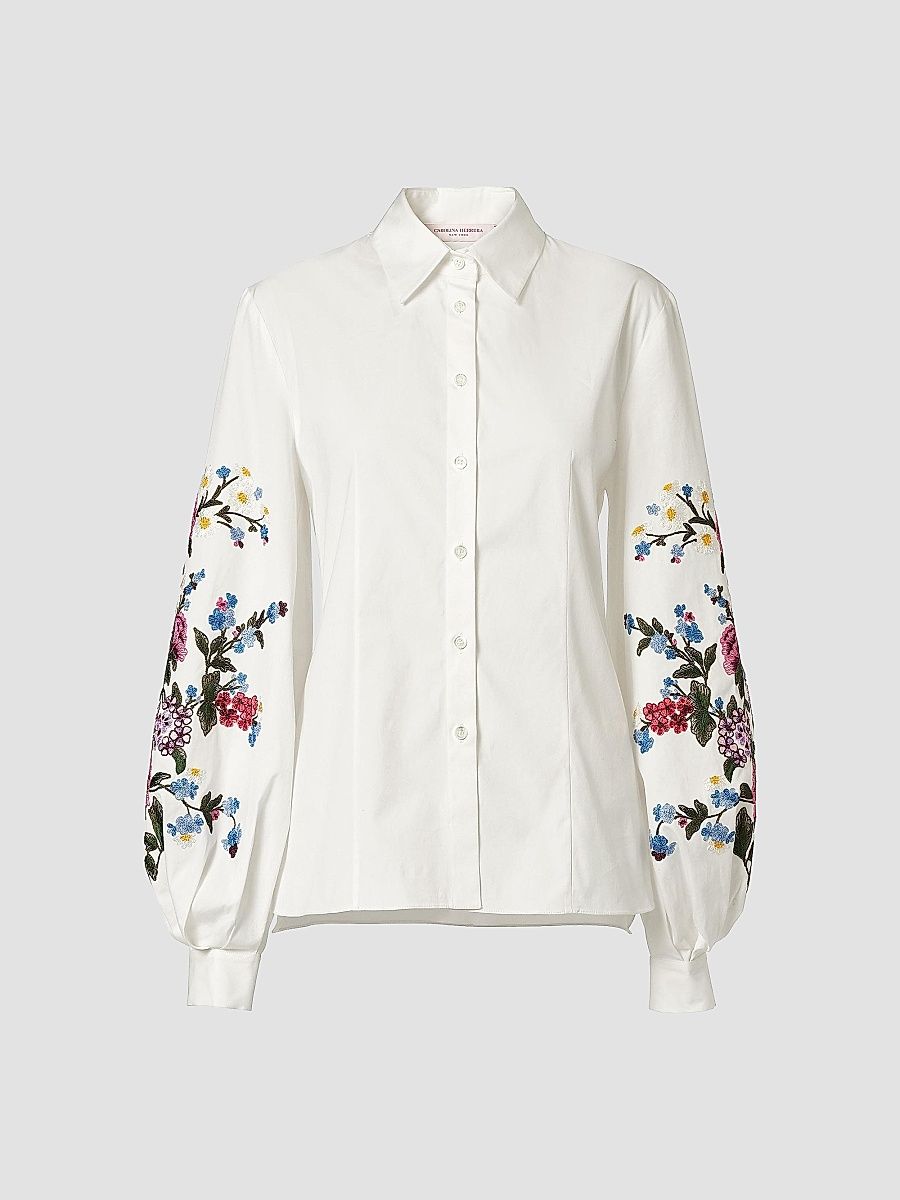 Women's Floral-Embroidered Cotton Shirt - White - Size 16