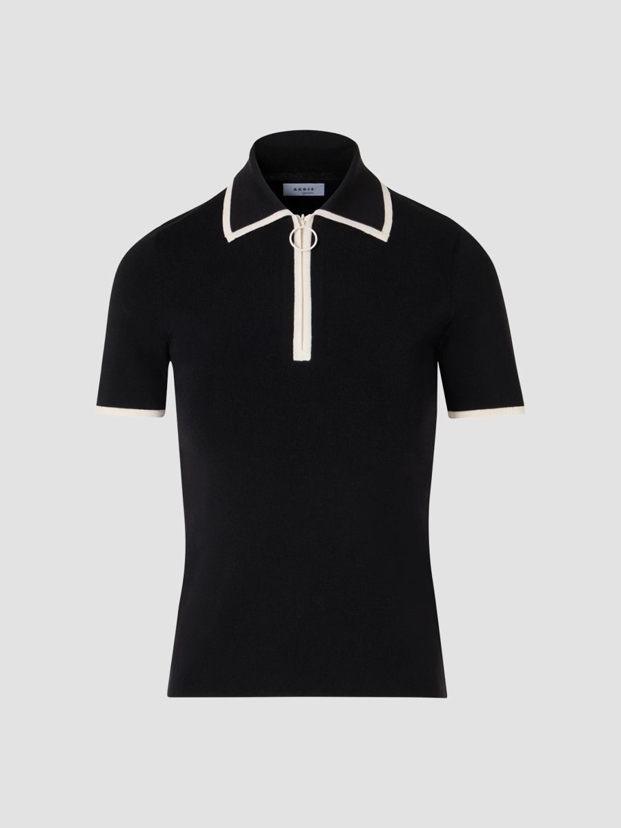 Akris punto Women's Knit Half-Zip Polo Shirt - Black Cream - Size 4