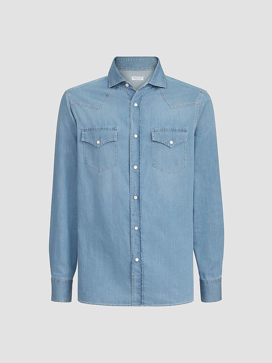 Men's Lightweight Denim Western Shirt - Light Blue Denim - Size Medium