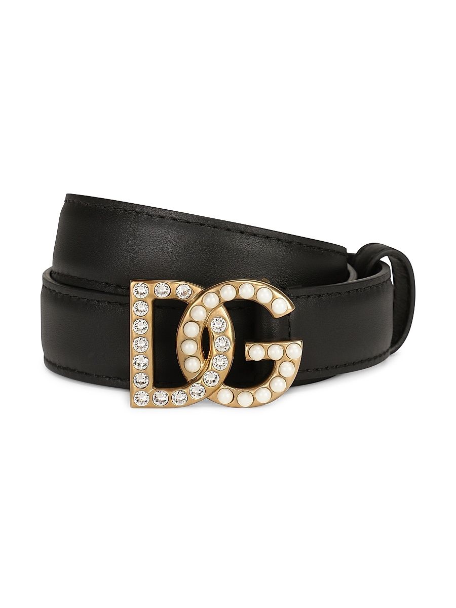 Women's DG Swarovski Logo Leather Belt - Nero - Size Medium