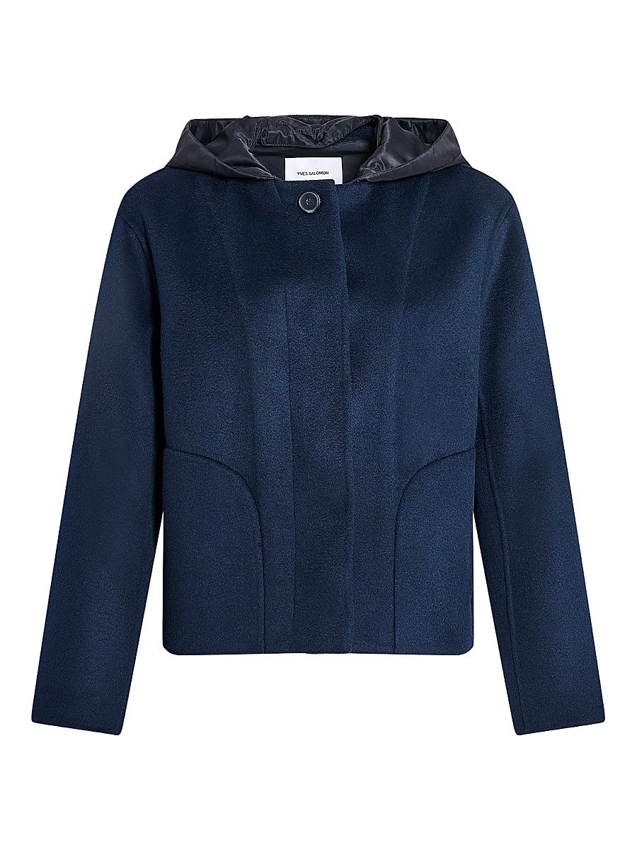 Women's Hooded Mixed-Media Wool-Cashmere Jacket - Navy - Size 6