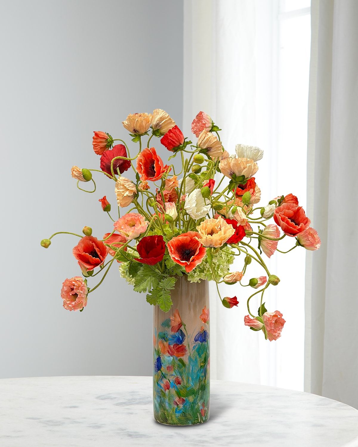 Poppy Hydrangea Faux Floral Arrangement in Painted Porcelain Vase