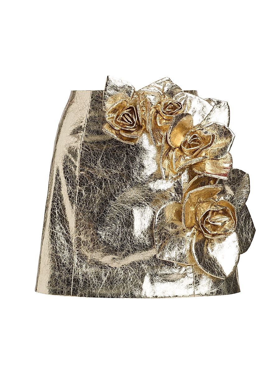 Women's Aksel Rose-Embellished Metallic A-Line Miniskirt - Gold Hammered Leather - Size 10