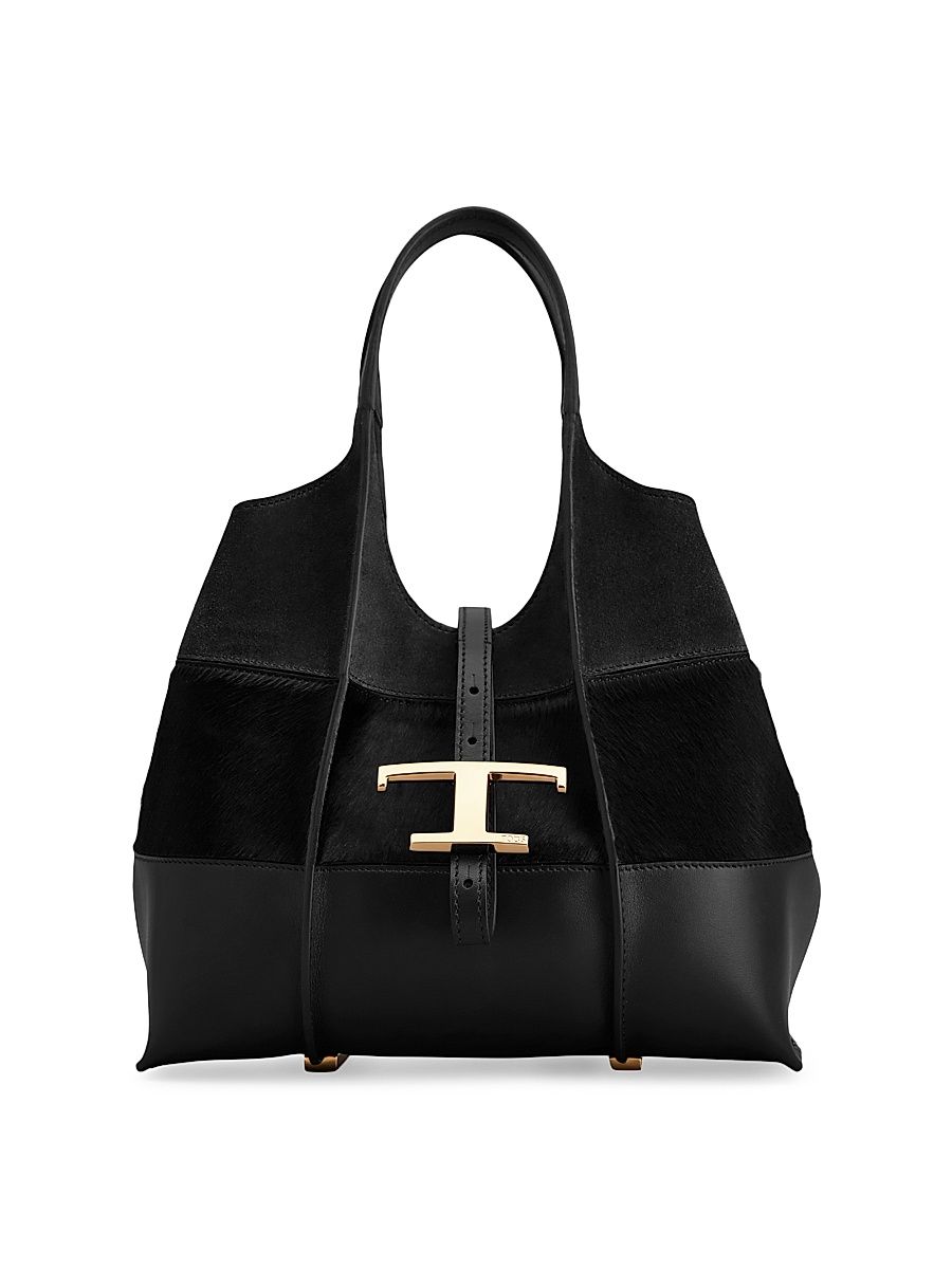 Women's Mini T Timeless Leather & Calf Hair Shopper Tote Bag - Nero