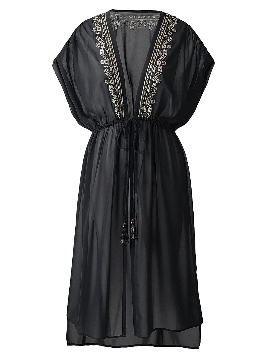 Women's Beach Etc. Beaded Georgette Kimono-Style Cover-Up - Black - Size Large