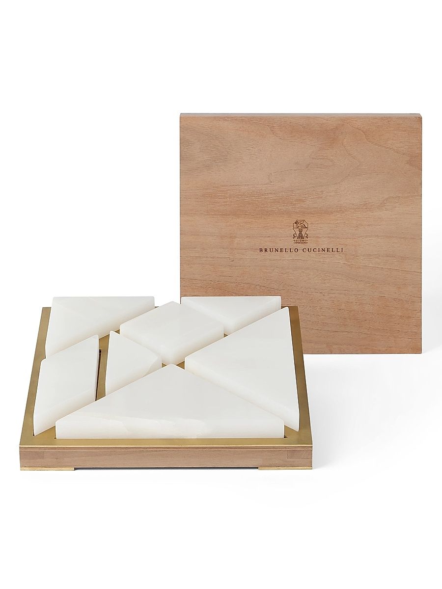 Onyx, Walnut Wood and Brass Tangram Set - Beige