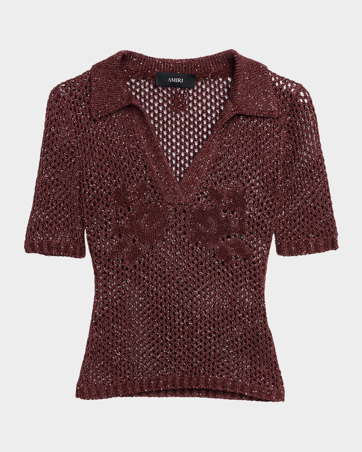 Metallic Floral Crochet Short-Sleeve Polo Top