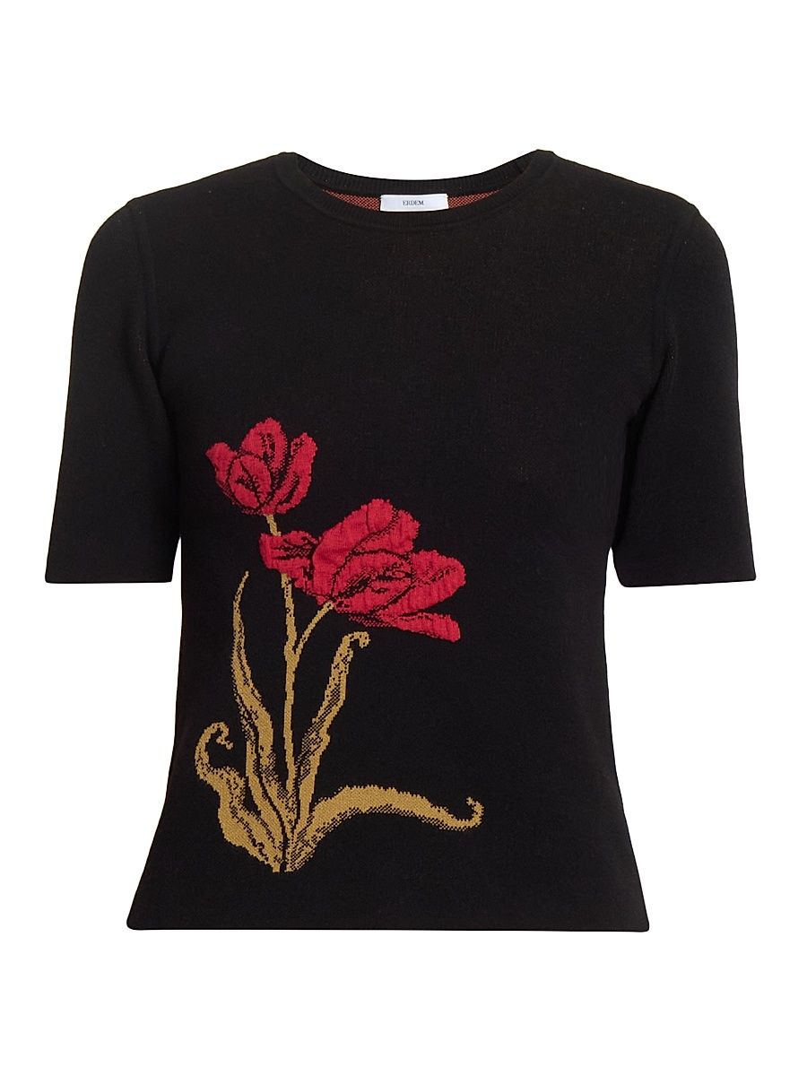 Women's Flower Knit Short-Sleeve Sweater - Black - Size XS