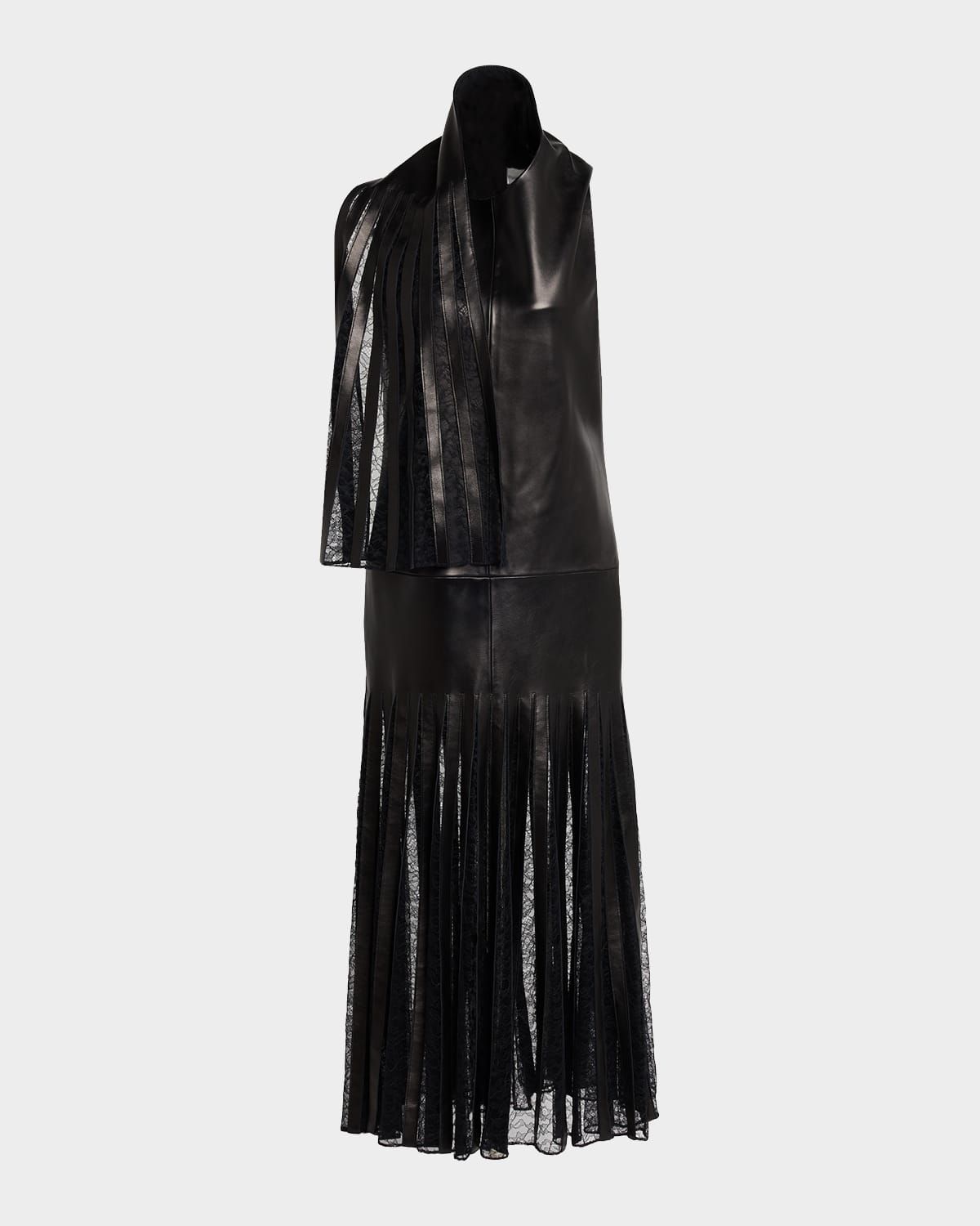 The Blythe Lace-Inset Scarf-Neck Leather Maxi Dress