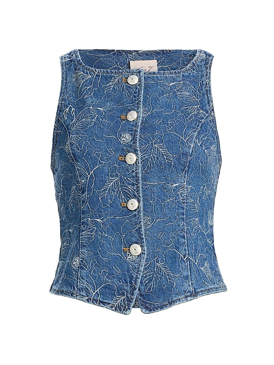 Women's Camen Garden Doodle Denim Vest - Salt Breeze White - Size XL