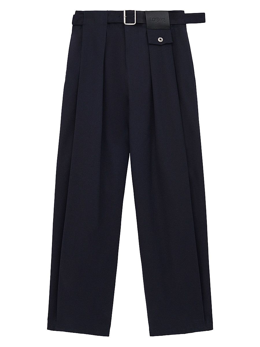 Women's Belted Pleated Wide-Leg Trousers - Dark Navy - Size 10